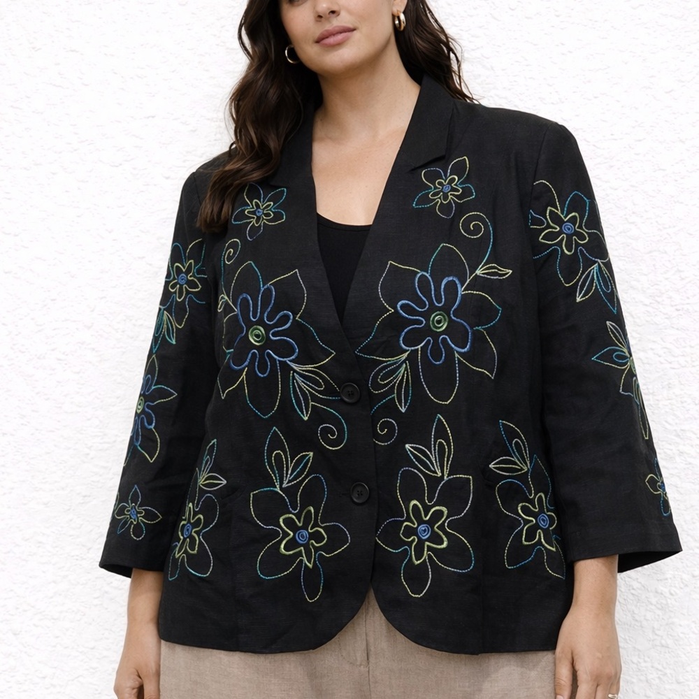 SilkLand Black Blazer with Blue Floral Embroidery 3X‎